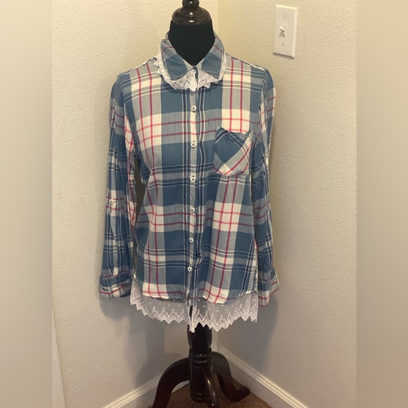 Woolrich Tops - 2 FOR $20 Woolrich Blue Plaid Lace Trim Top Blouse Tunic Button Down Size M